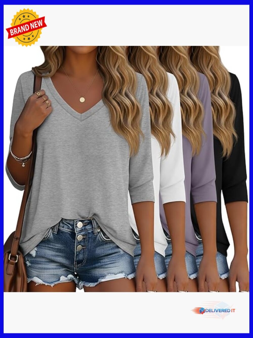3/4 Sleeve V-Neck Tunic Tops, Loose Fit Cotton Blend Tees 4-Pack